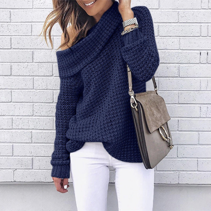 Women's casual knit sweater with asymmetrical neckline and textured fabric Lune London
