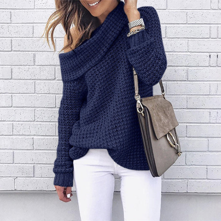 Women's casual knit sweater with asymmetrical neckline and textured fabric Lune London