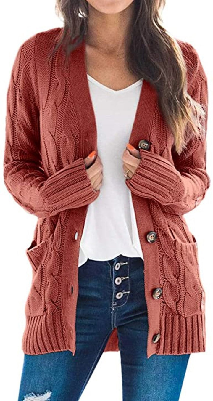 Chunky knit cardigan for ladies with a decorative twisted pattern and practical pockets Lune London