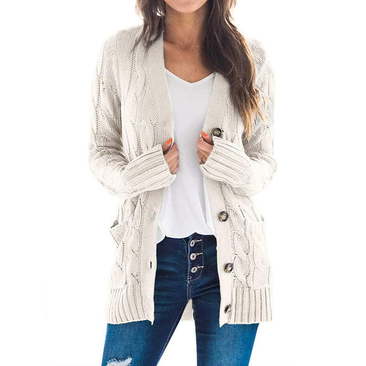 Ladies large knit cardigan with cable pattern and practical pockets Lune London