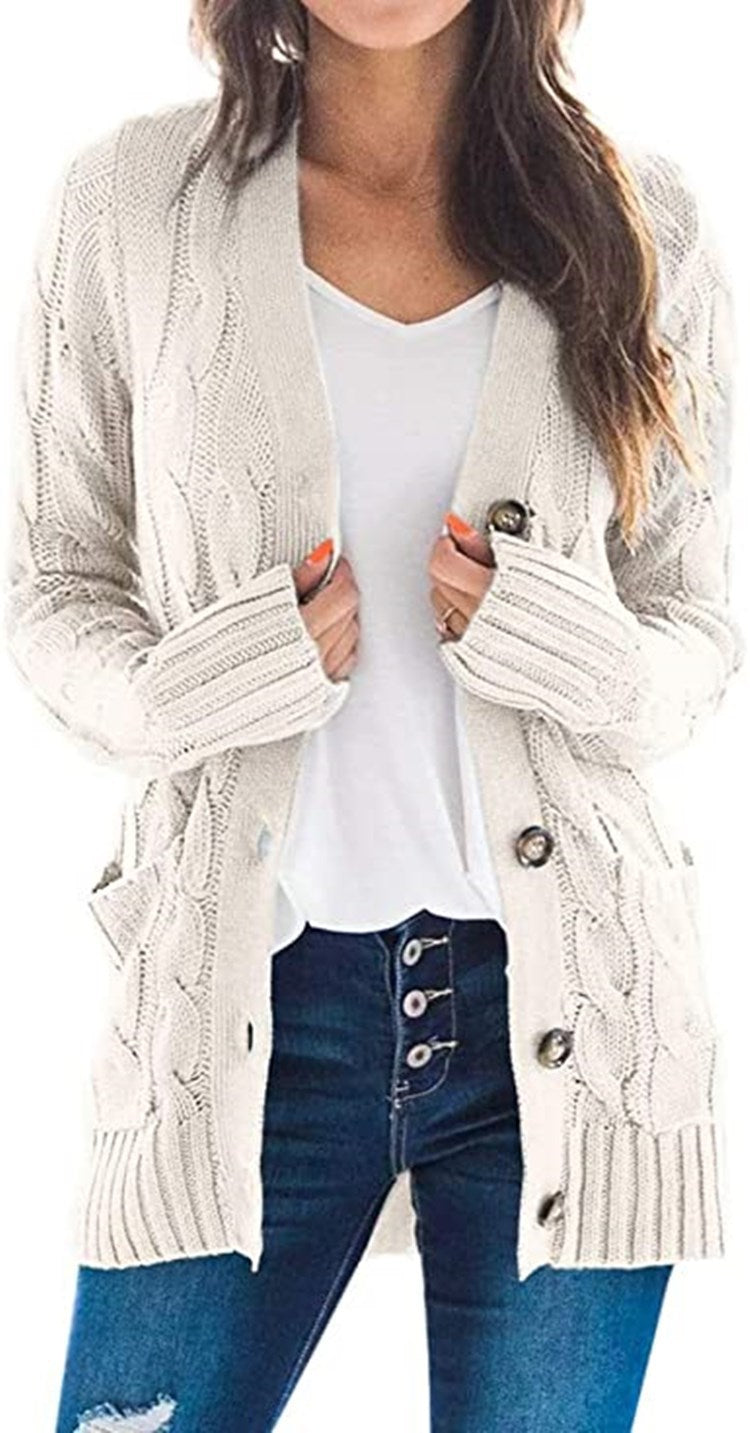 Ladies Chunky Knit Cardigan with modern braids design and practical pockets Lune London