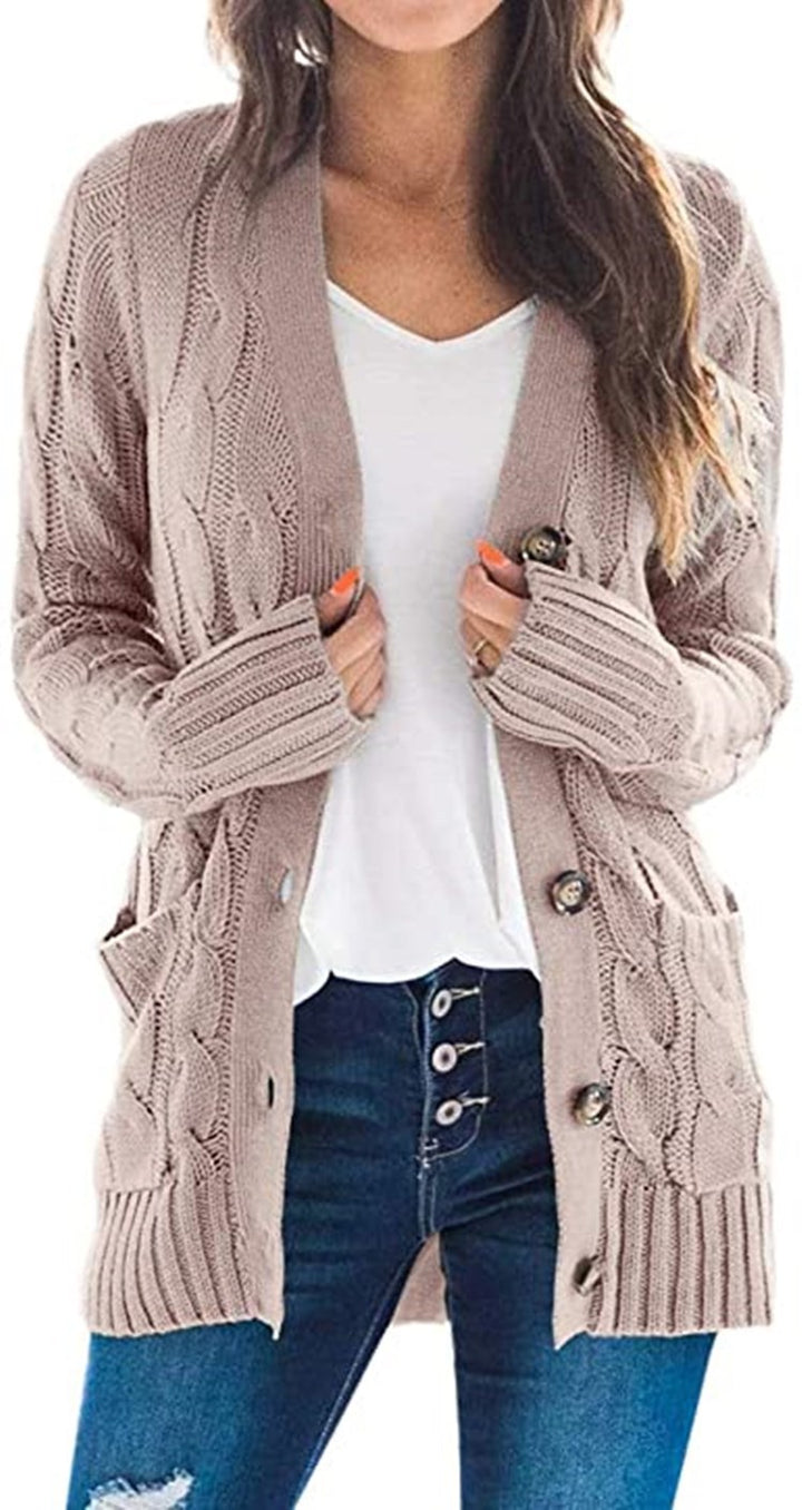 Chunky knit cardigan for ladies with a decorative twisted pattern and practical pockets Lune London
