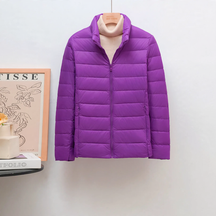 Women’s down jacket, lightweight, stand collar, short