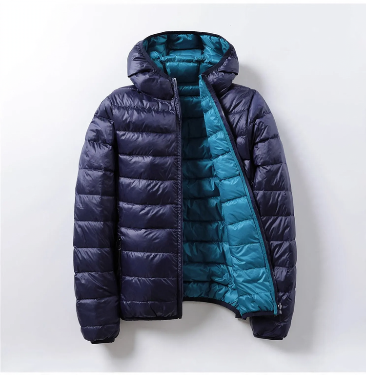 Reversible women's down jacket with hood, lightweight and short