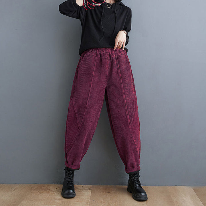 Padded corduroy carrot pants with elastic waistband