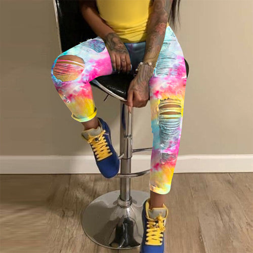 Skinny jeans for women with eye-catching tie-dye patterns and trendy distressed details Amarae