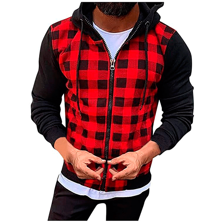 Hooded checkered fashion jacket for men with functional zipper and contrasting sleeves Lune London