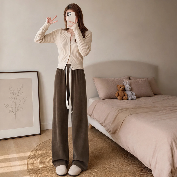 Padded chenille wide-leg trousers with high waist