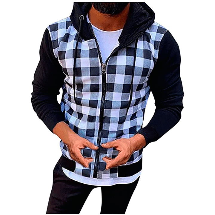 Hooded checkered fashion jacket for men with functional zipper and contrasting sleeves Lune London
