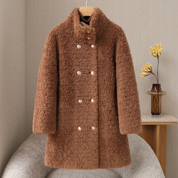 Women's wool coat with stand-up collar and double-breasted button placket