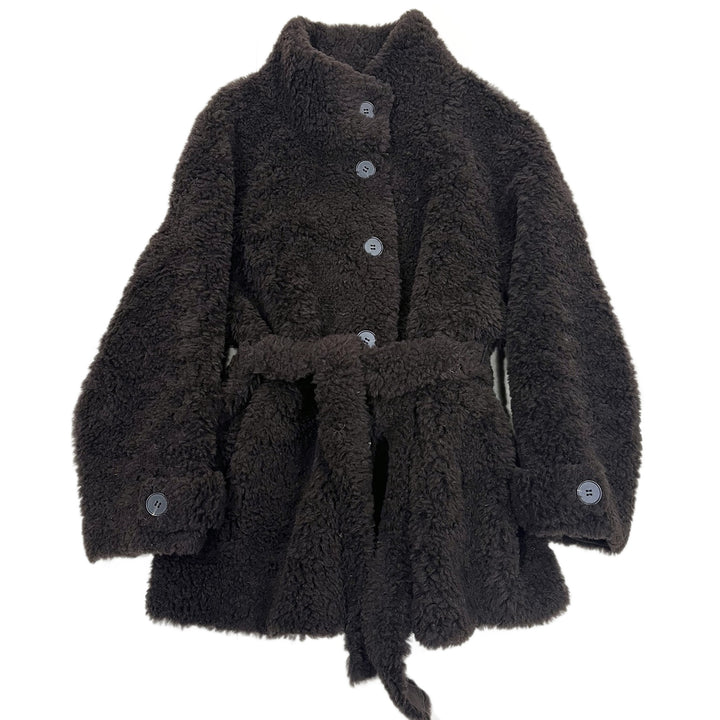 Sheepskin coat with tie belt
