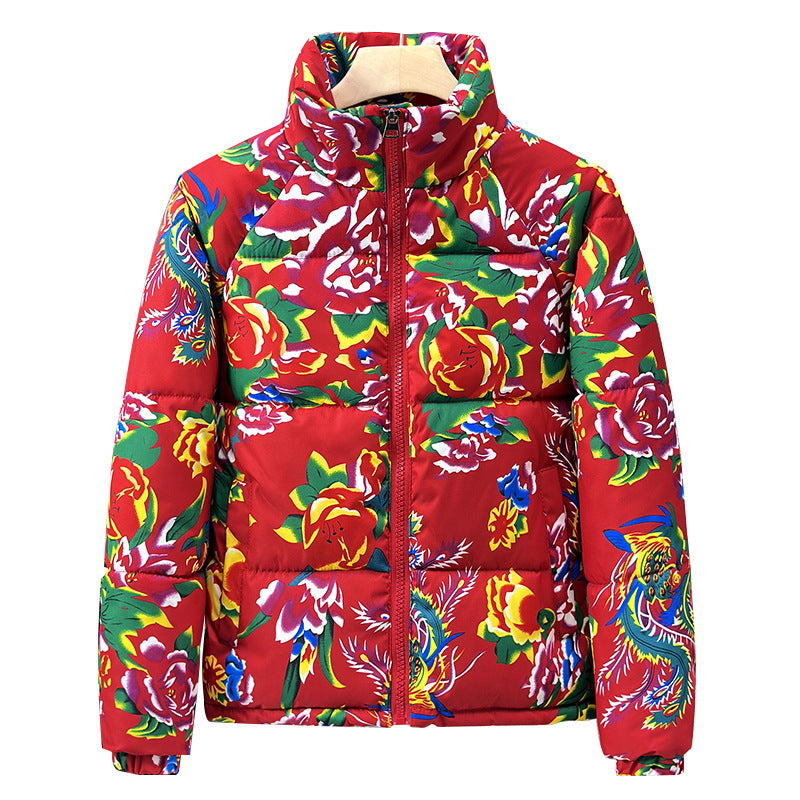 Padded winter jacket with floral pattern, unisex