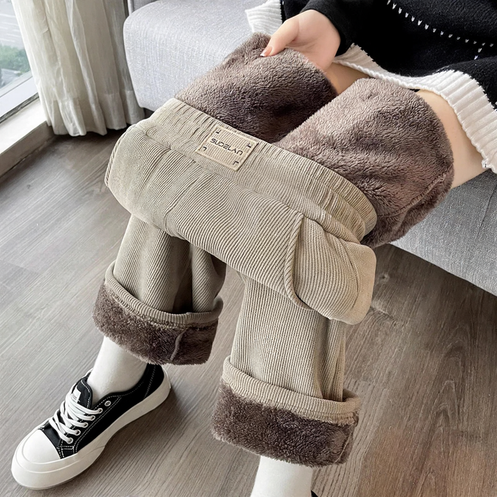 Women's corduroy trousers, wide cut, with lamb fleece lining