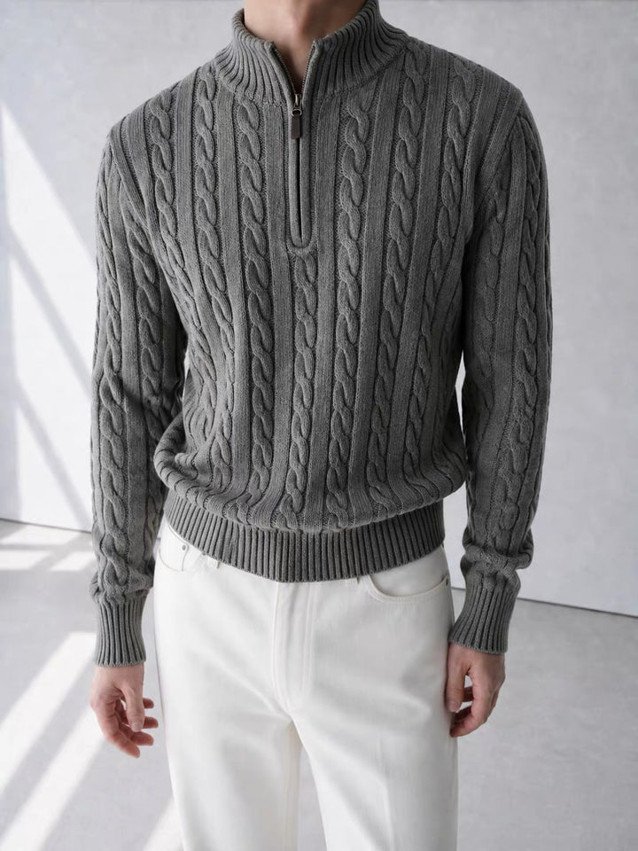Men's Knit Sweater, Stand Collar with Zipper, Cable Pattern