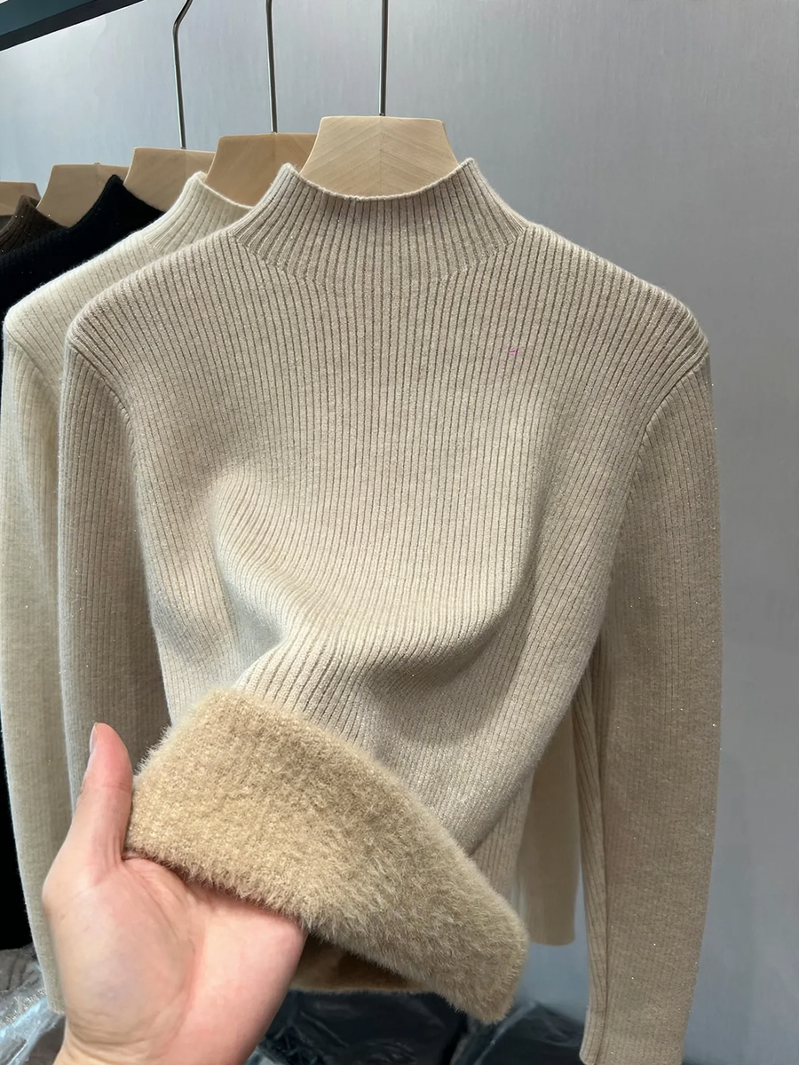 Ladies knitted sweater, lined, standing collar, warm