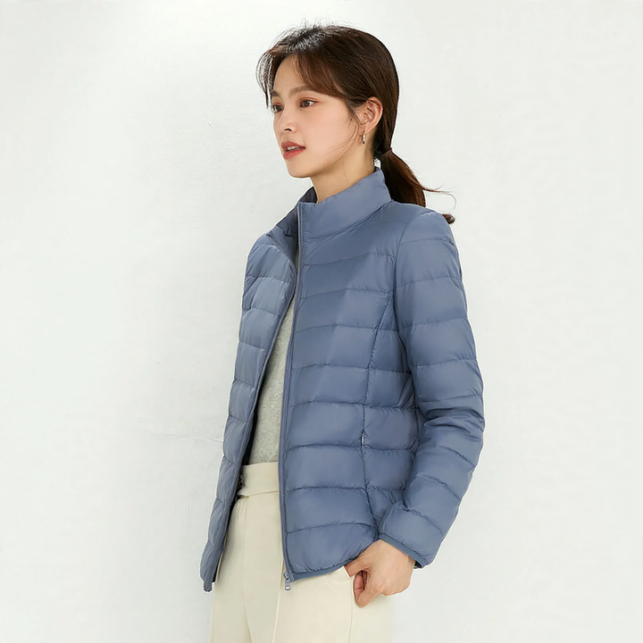 Light down jacket for women, stand-up collar, white, duck down