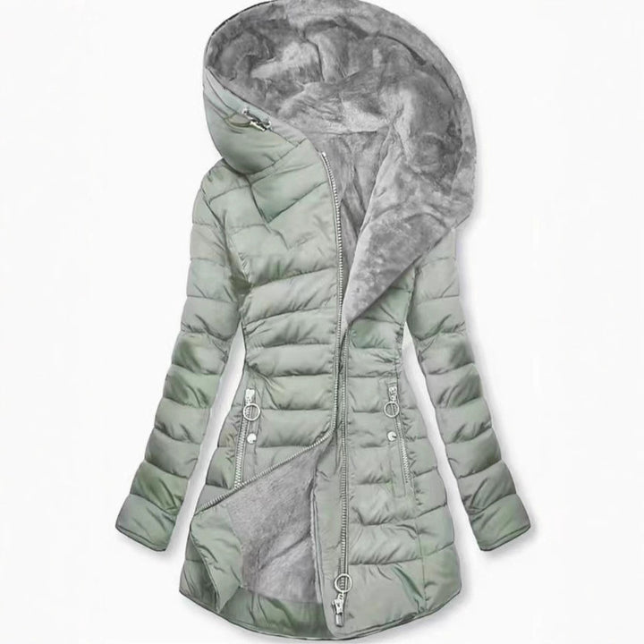 Women's quilted coat, tailored, with hood, medium length