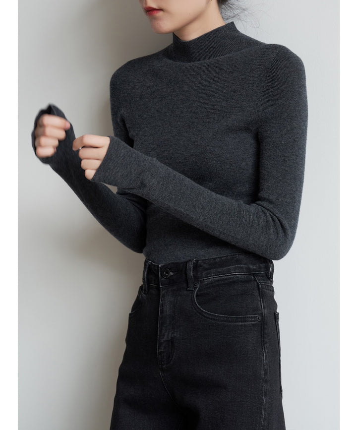 Women's wool knit sweater with stand-up collar