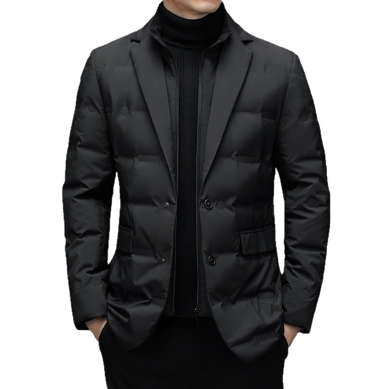 Men's down jacket, blazer style, removable stand collar