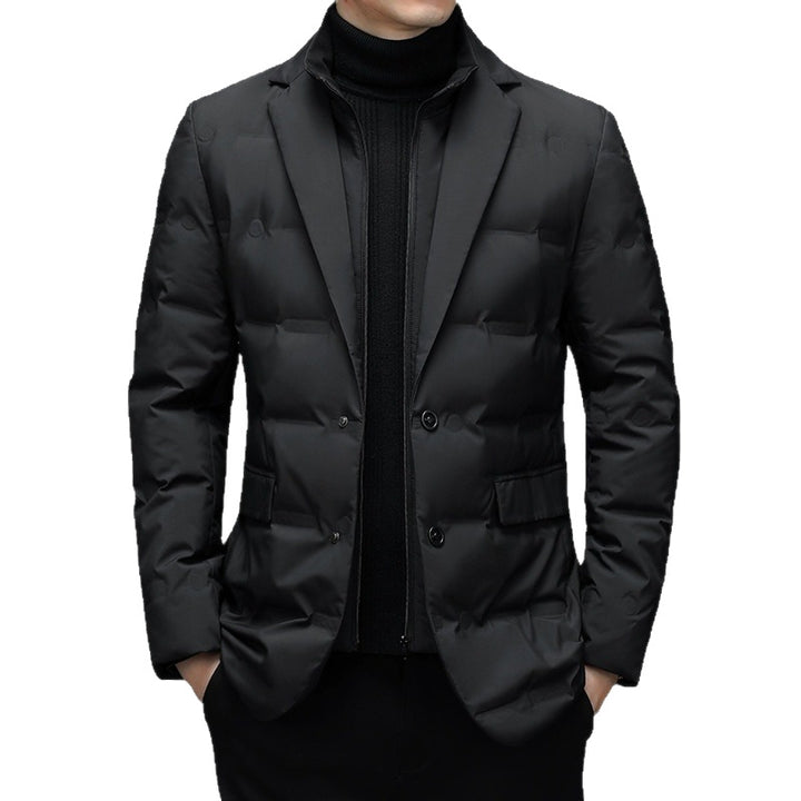 Men's down jacket, blazer style, removable stand collar