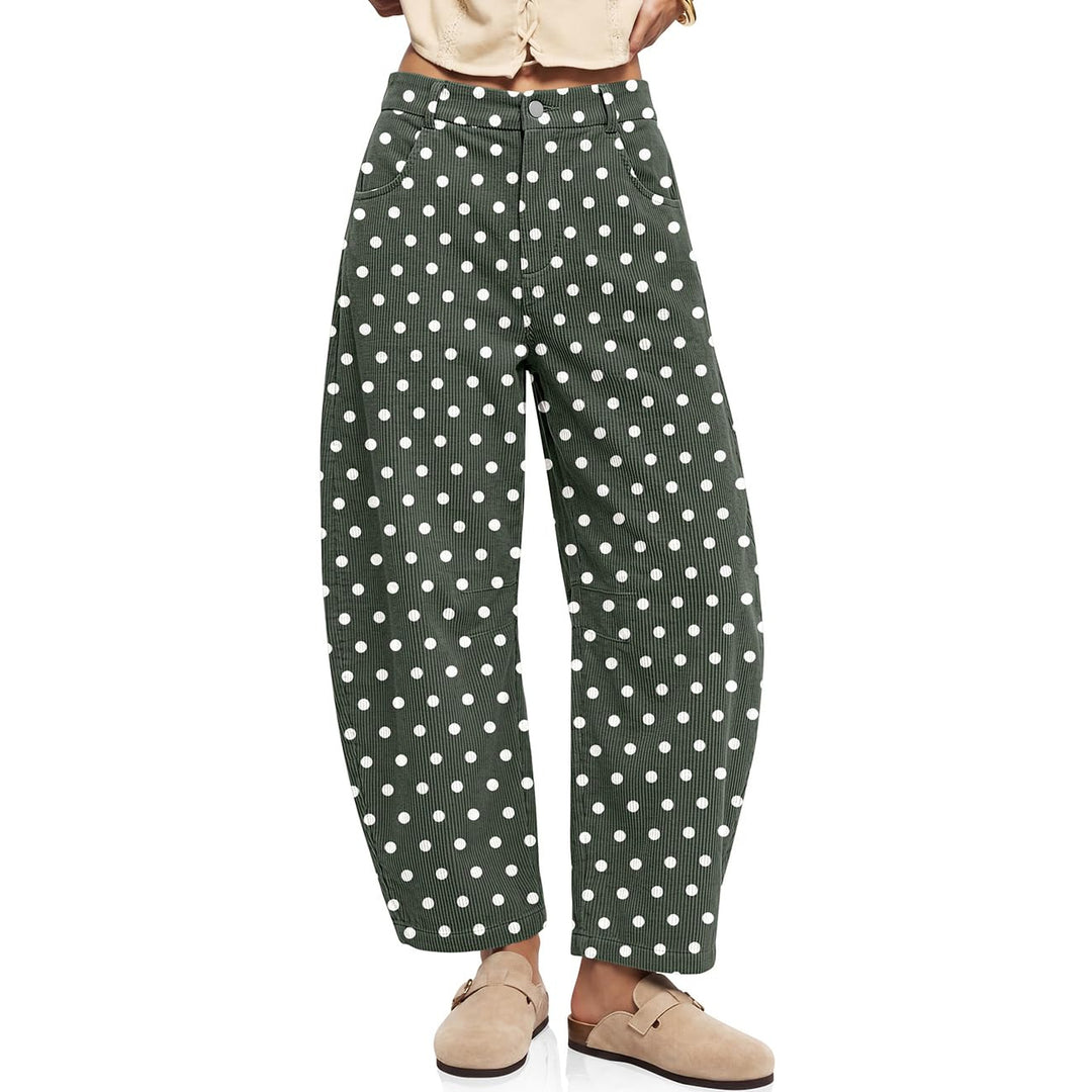 Cord pants with elastic waistband and polka dot pattern