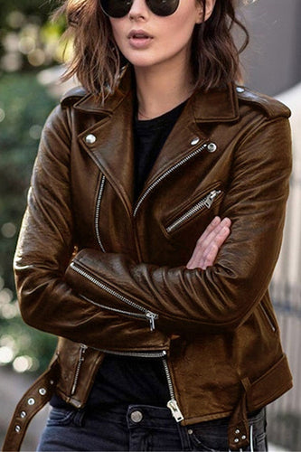 Amarae | Vintage Reversed Zip-Up Faux Leather Moto Jacket