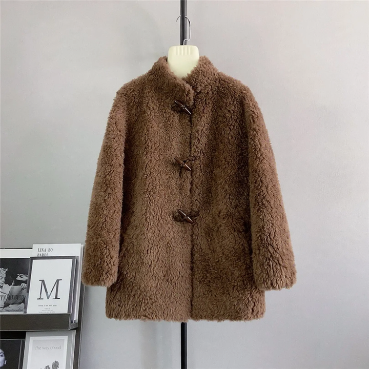 Women's wool coat with toggle buttons, mid-length