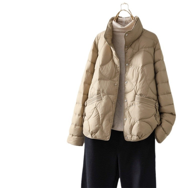 Lightweight short down jacket for women with stand-up collar