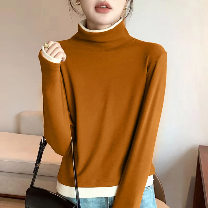 Women's long-sleeve shirt with stand-up collar and fake-layer look