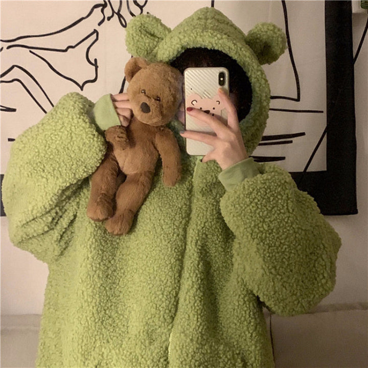 Fluffy women's jacket with hood and ear appliqué