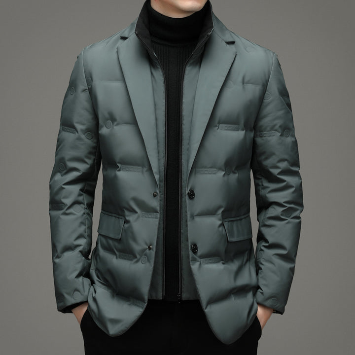 Men's down jacket, blazer style, removable stand collar