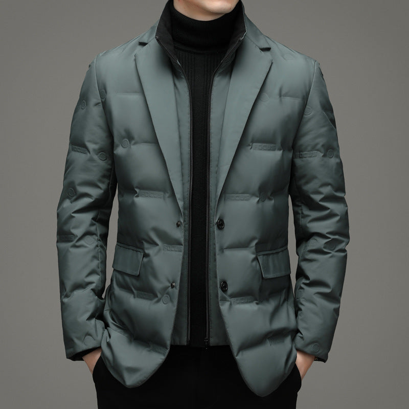 Men's down jacket, blazer style, detachable stand-up collar