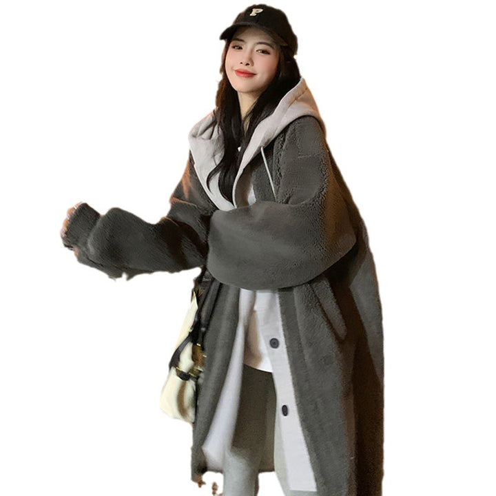 Long women's hooded jacket made of lamb fleece imitation