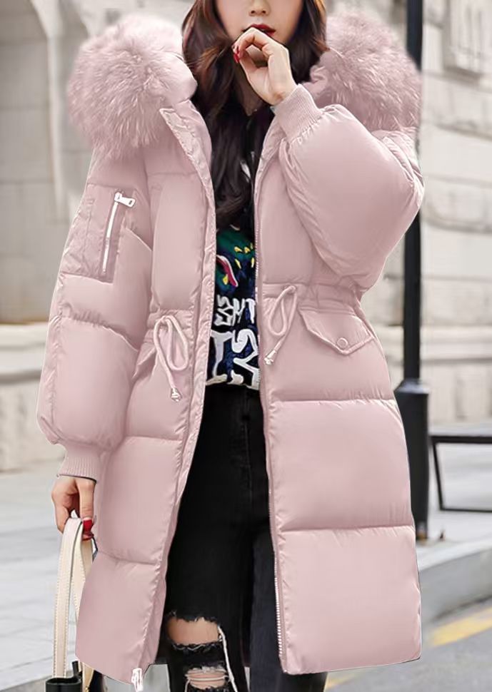 Padded women's winter jacket, mid-length, with fur collar