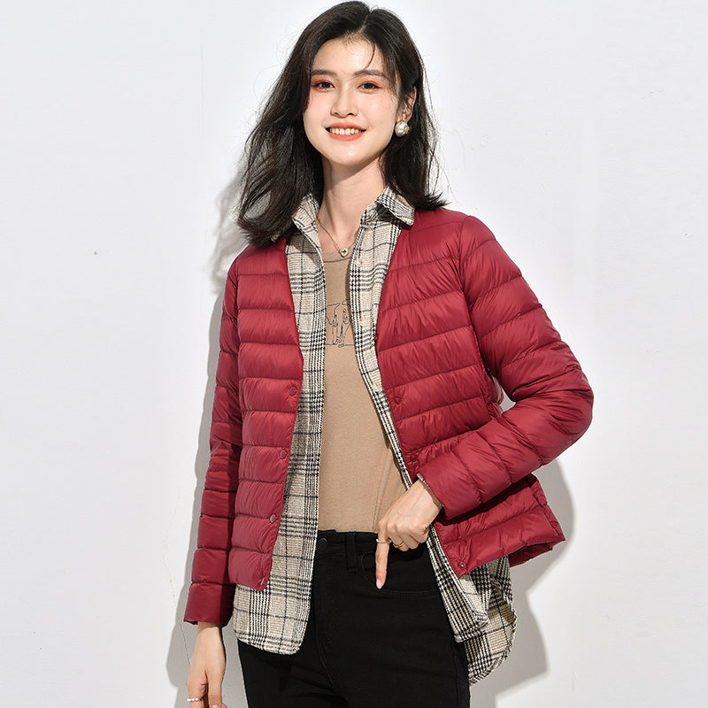 Light women's down jacket, round neck