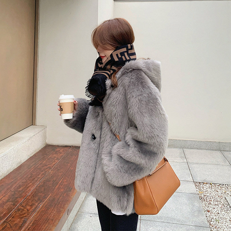 Women's lamb fleece coat with hood, mid-length