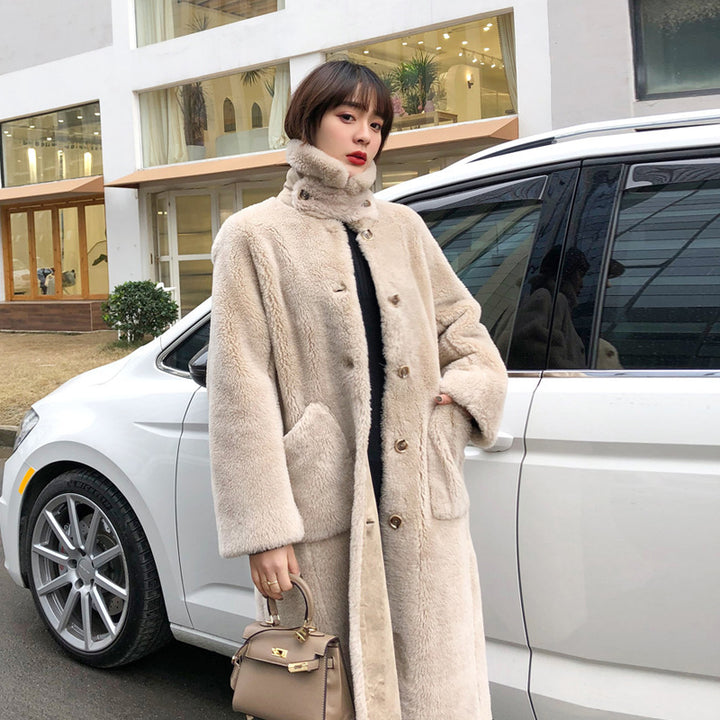 Long coat made of alpaca wool and lambskin