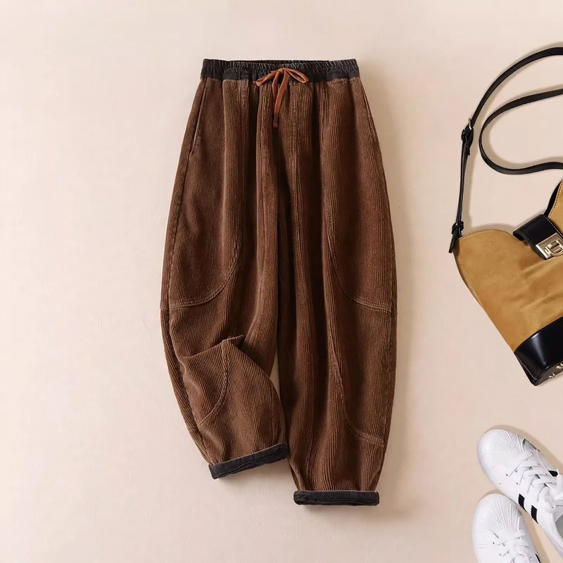Women's corduroy trousers, lined, with adjustable belt, tapered