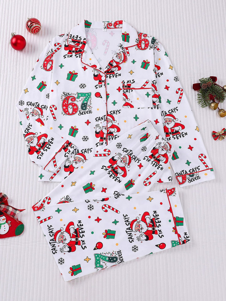 Women’s Pajama Set, Long Sleeve, Christmas Motif, Notched Collar