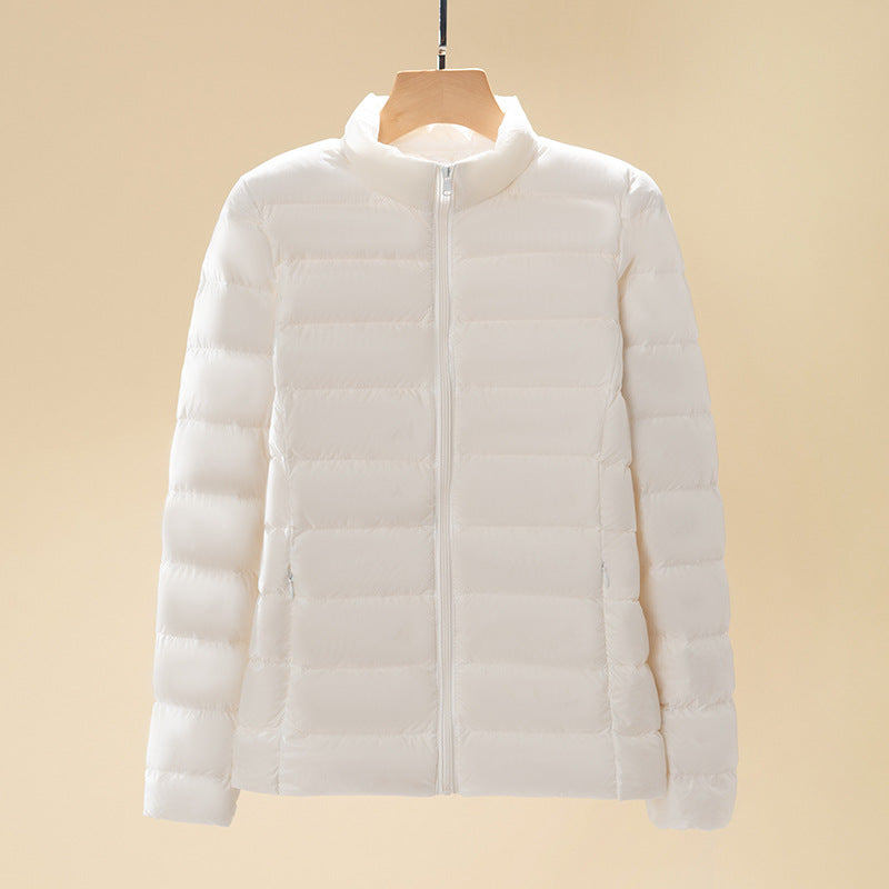 Short women's down jacket with stand-up collar