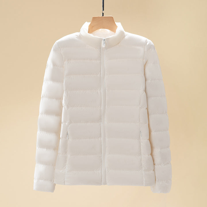 Short women's down jacket with stand-up collar