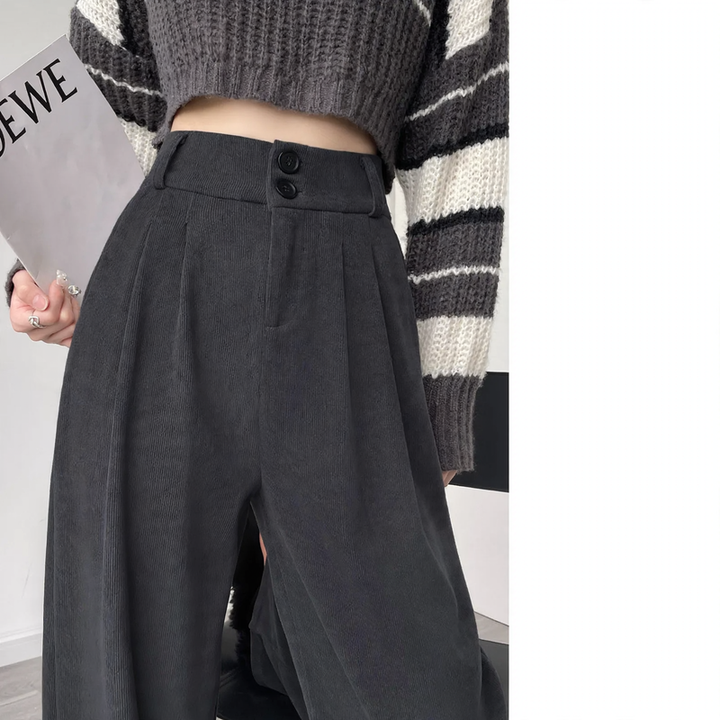 Chenille fabric trousers with high waist, straight cut
