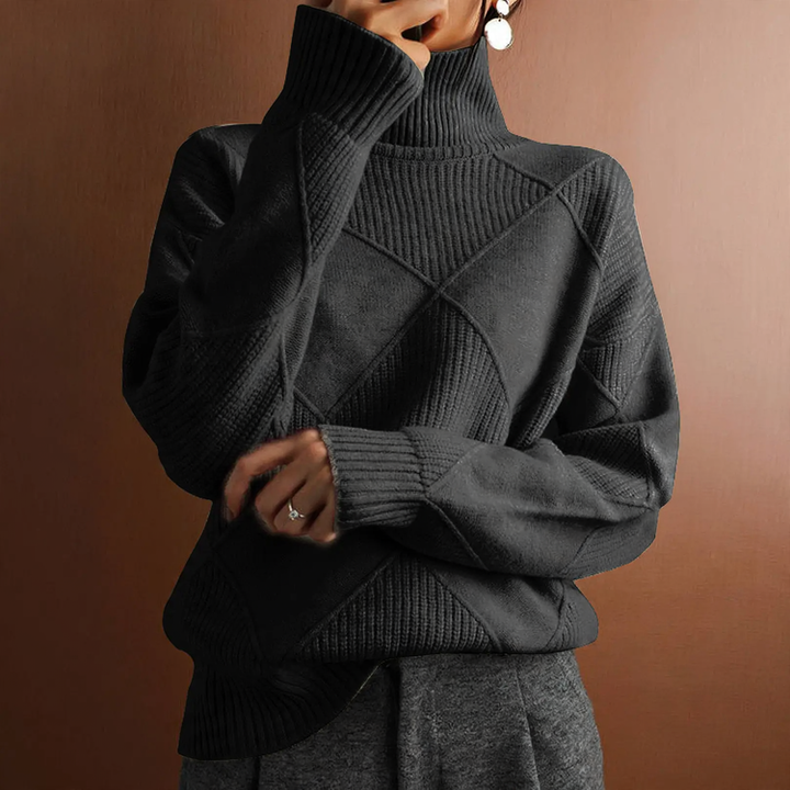 Women's knit sweater with high collar, solid color