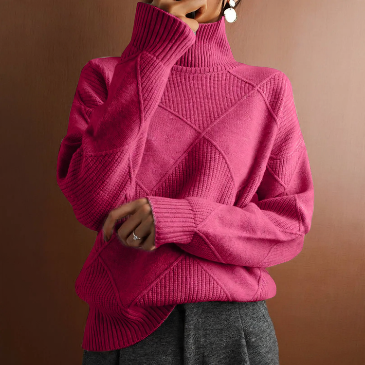 Women's knit sweater with high collar, solid color