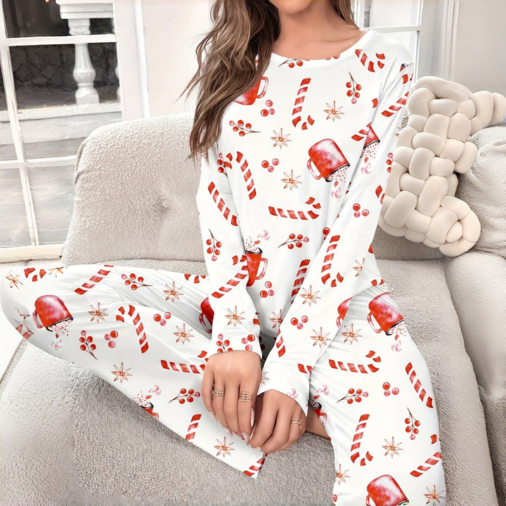 Women’s Pajama Set, Long Sleeve, Christmas Motif, Round Neck