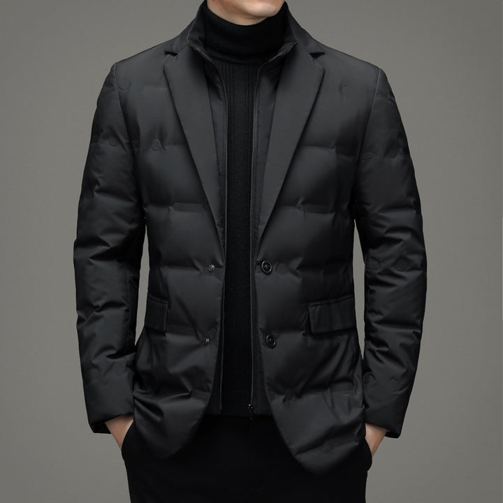 Men's down jacket, blazer style, detachable stand-up collar