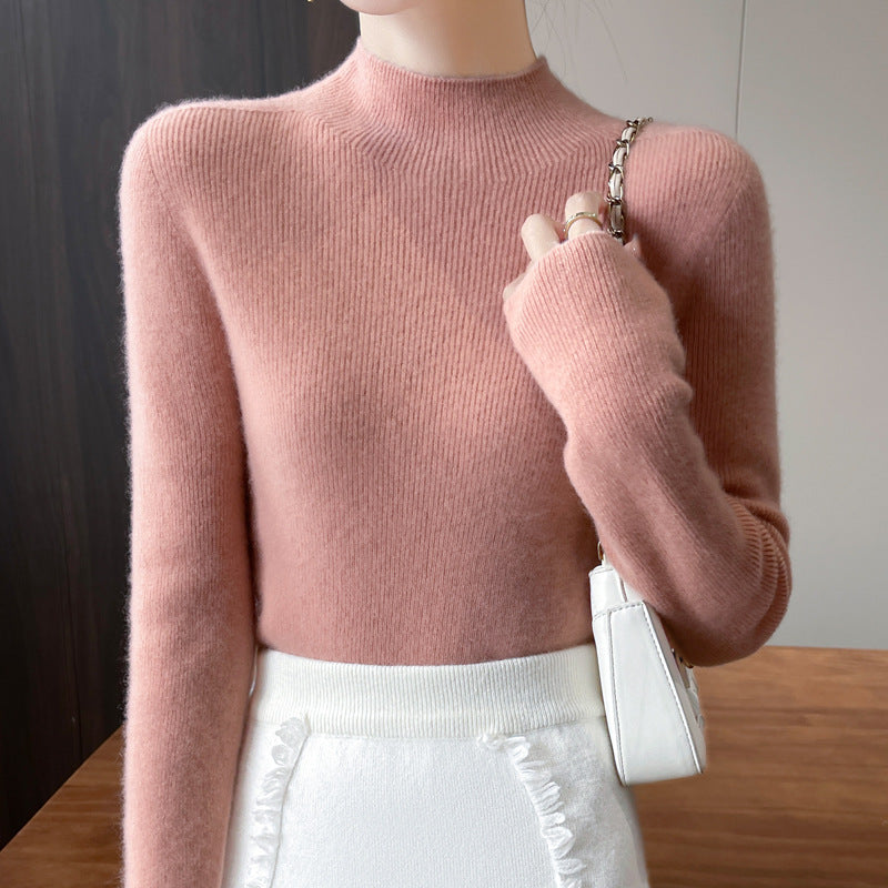 Women's knitted pullover with stand-up collar, fitted