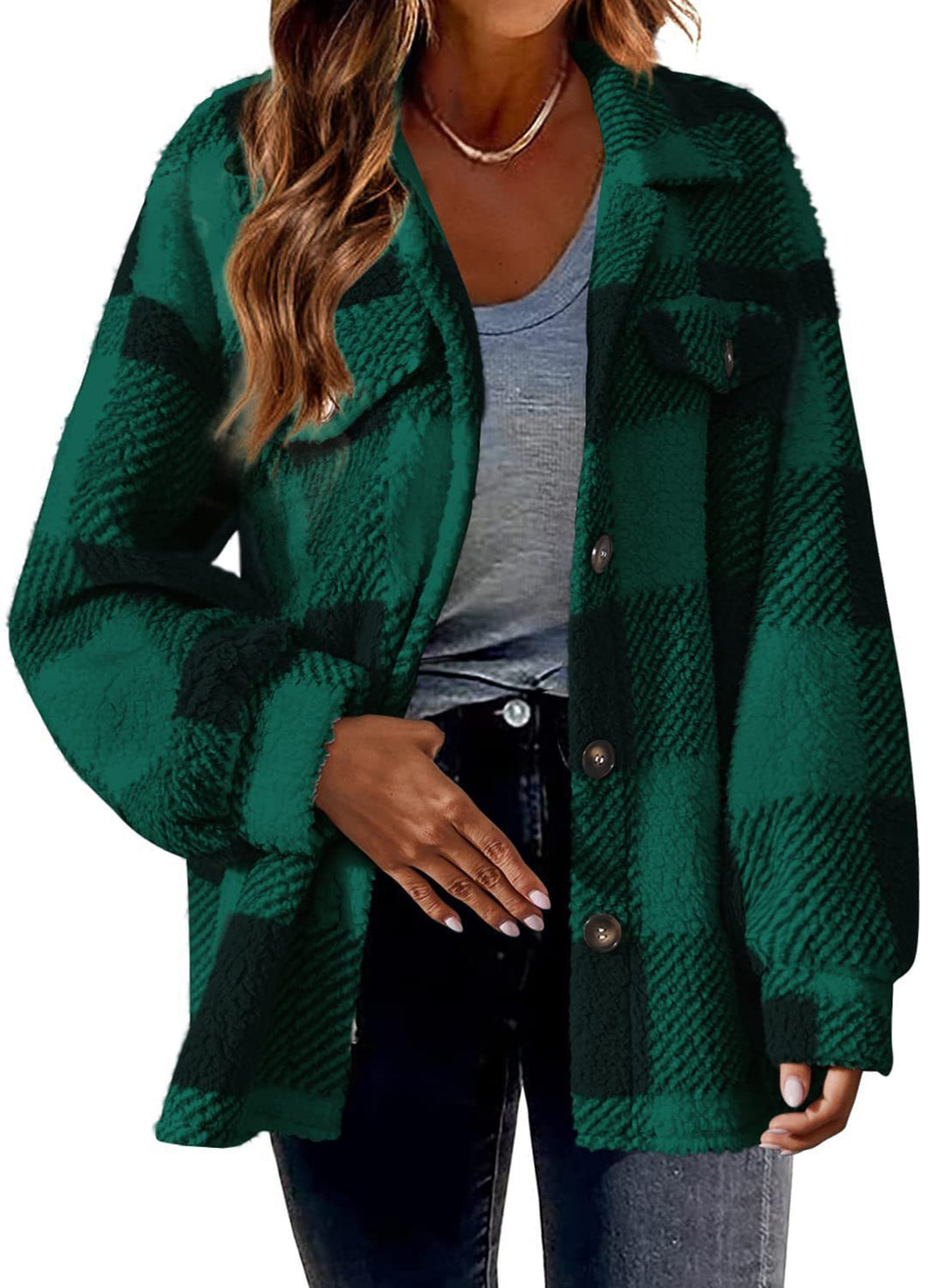 Checkered jacket made of lamb fleece imitation with pockets