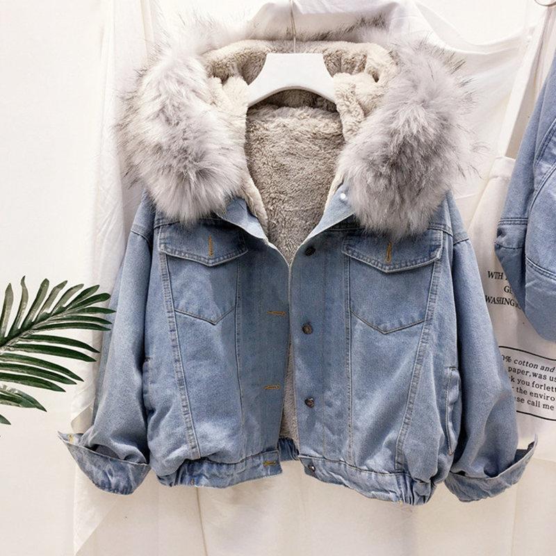 Padded denim jacket with large fur collar