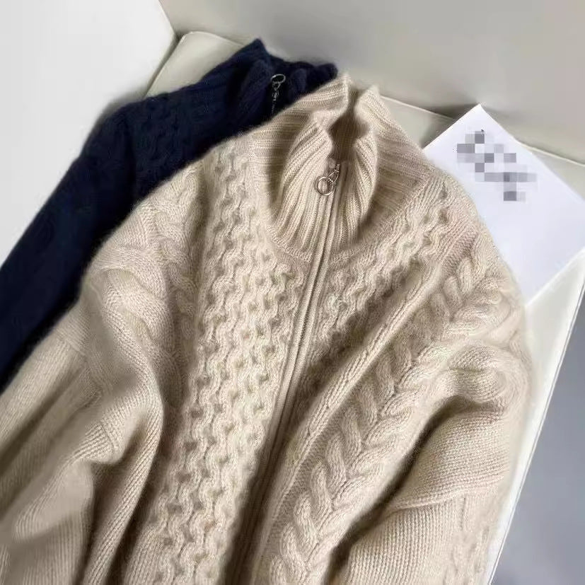 Women's wool cardigan, high collar, with zipper, cable pattern